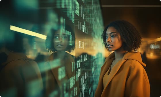 A woman standing before a glass wall of glowing data visualizations, moody blue and amber lighting